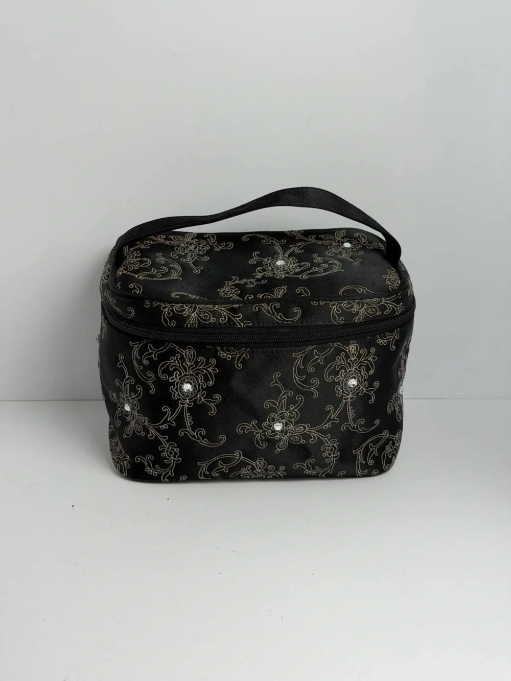 Givenchy Vintage Floral/Atabesque Vine Motif Black Satin Vanity Case
